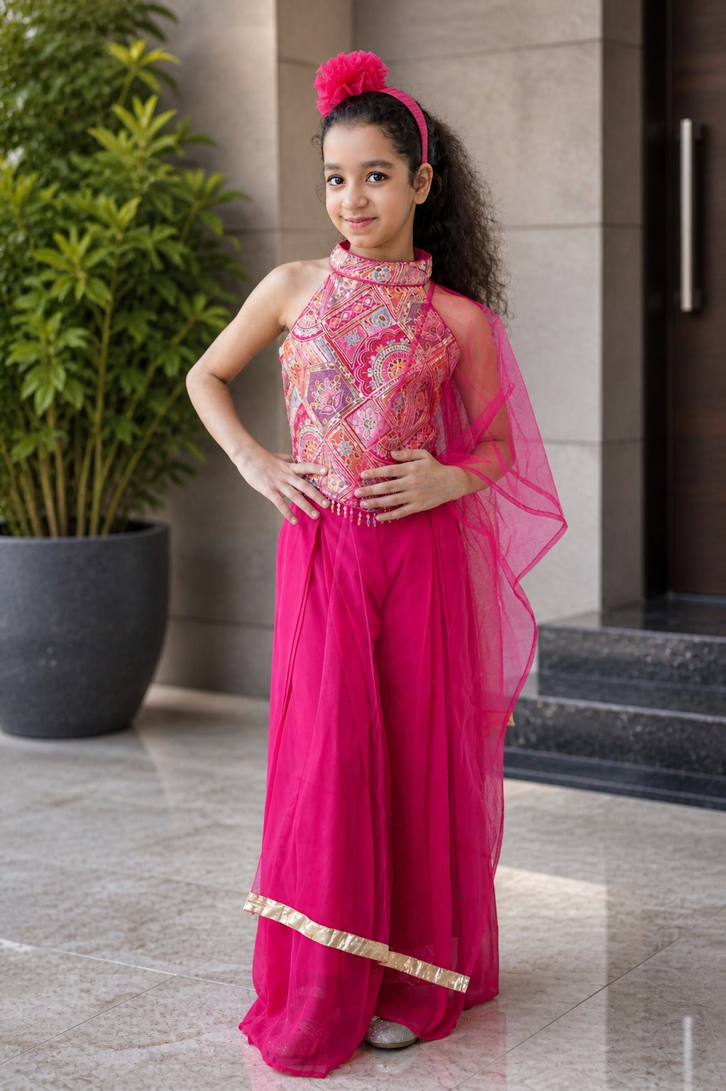 Girls Bright Pink Embroidered Top & Pants Set with Headband – Festive Ethnic Outfit