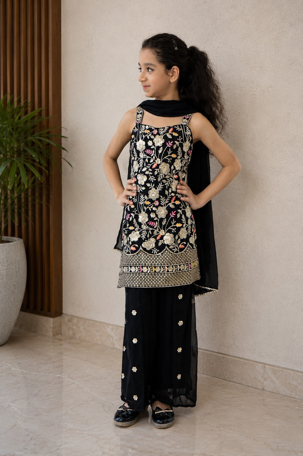 Girls’ Black Embroidered Tunic & Pants Set – Elegant Festive Outfit