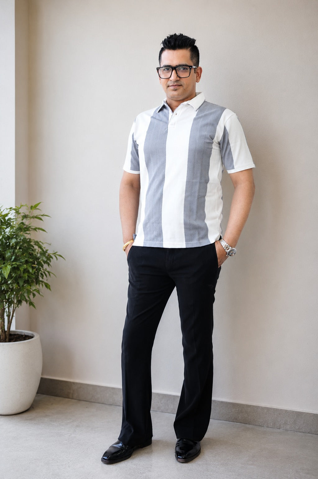 Men’s Gray & White Striped Polo TShirt – Smart Casual Outfit