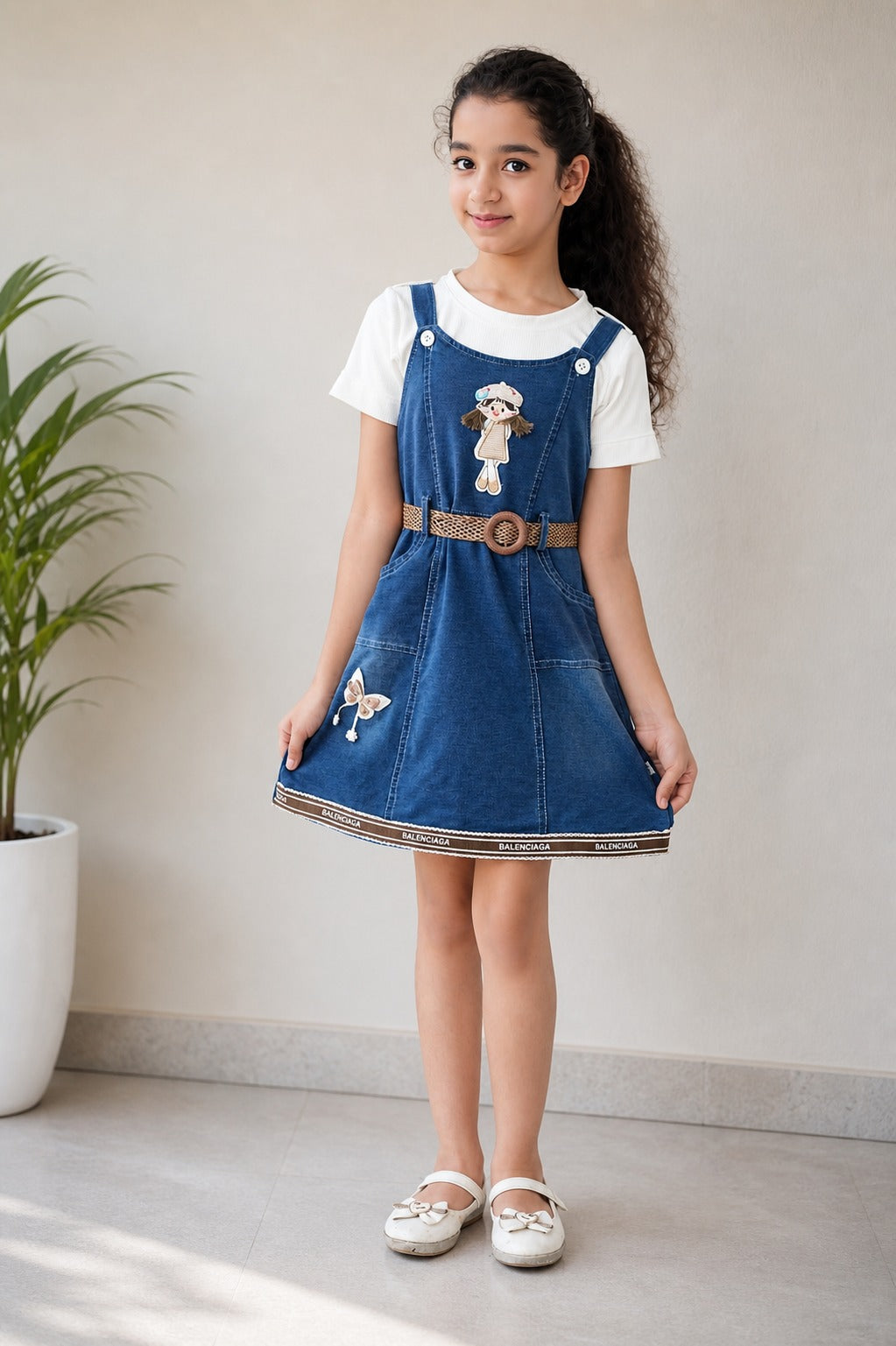 Girls’ Blue Denim Jumper Dress with White Shirt – Stylish Casual Outfit