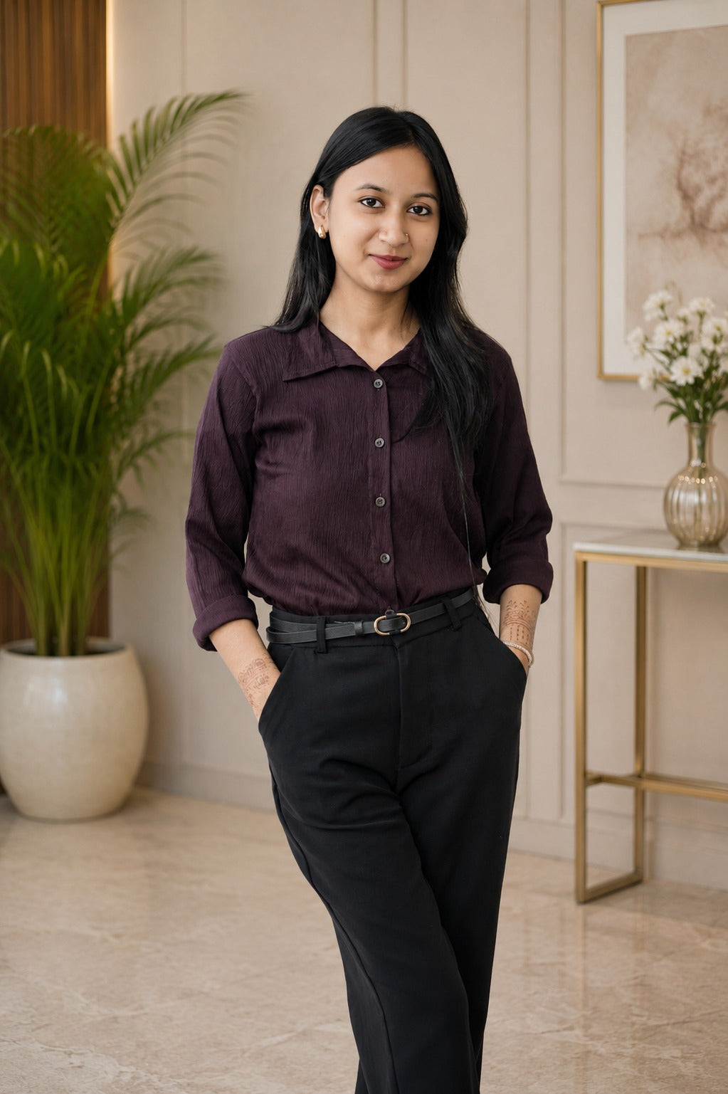 Women’s Dark Purple Button‑Up Shirt with Black Trousers – Elegant Casual Outfit