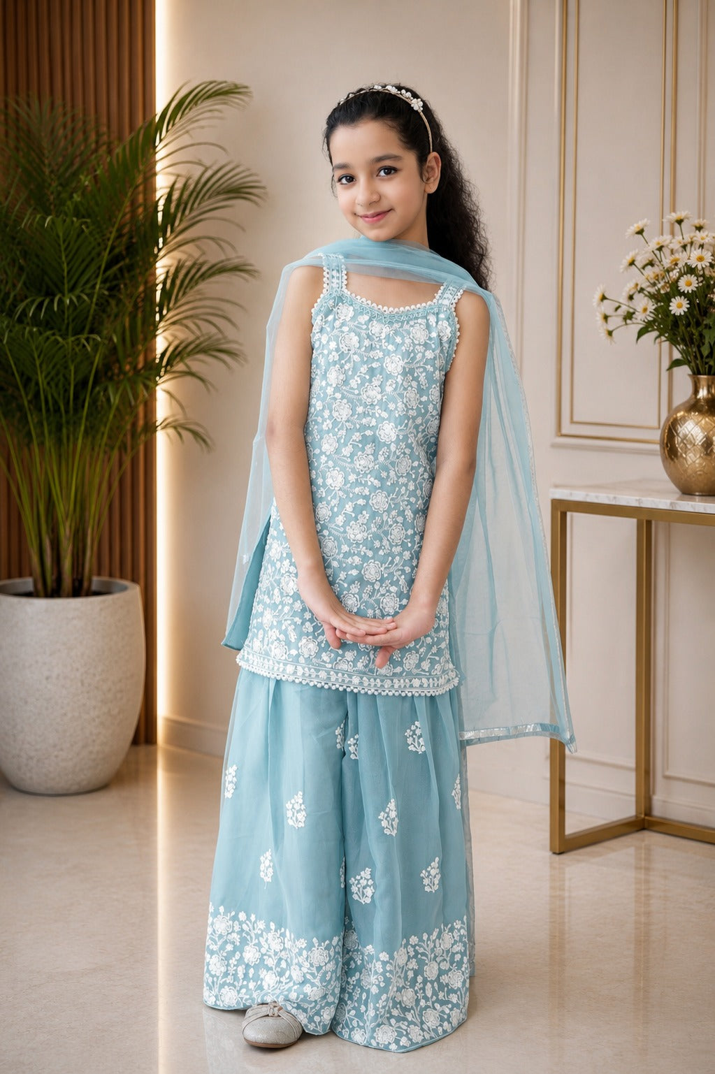 Girls’ Light Blue Embroidered Kurta & Palazzo Set with Dupatta – Elegant Festive Outfit
