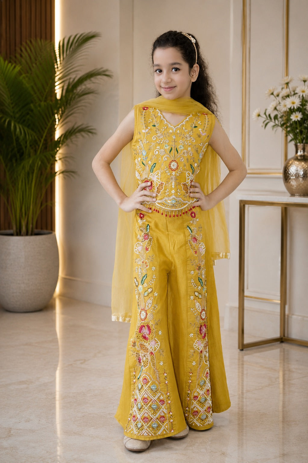 Girls’ Mustard Yellow Embroidered Tunic & Pants Set with Dupatta – Vibrant Festive Outfit