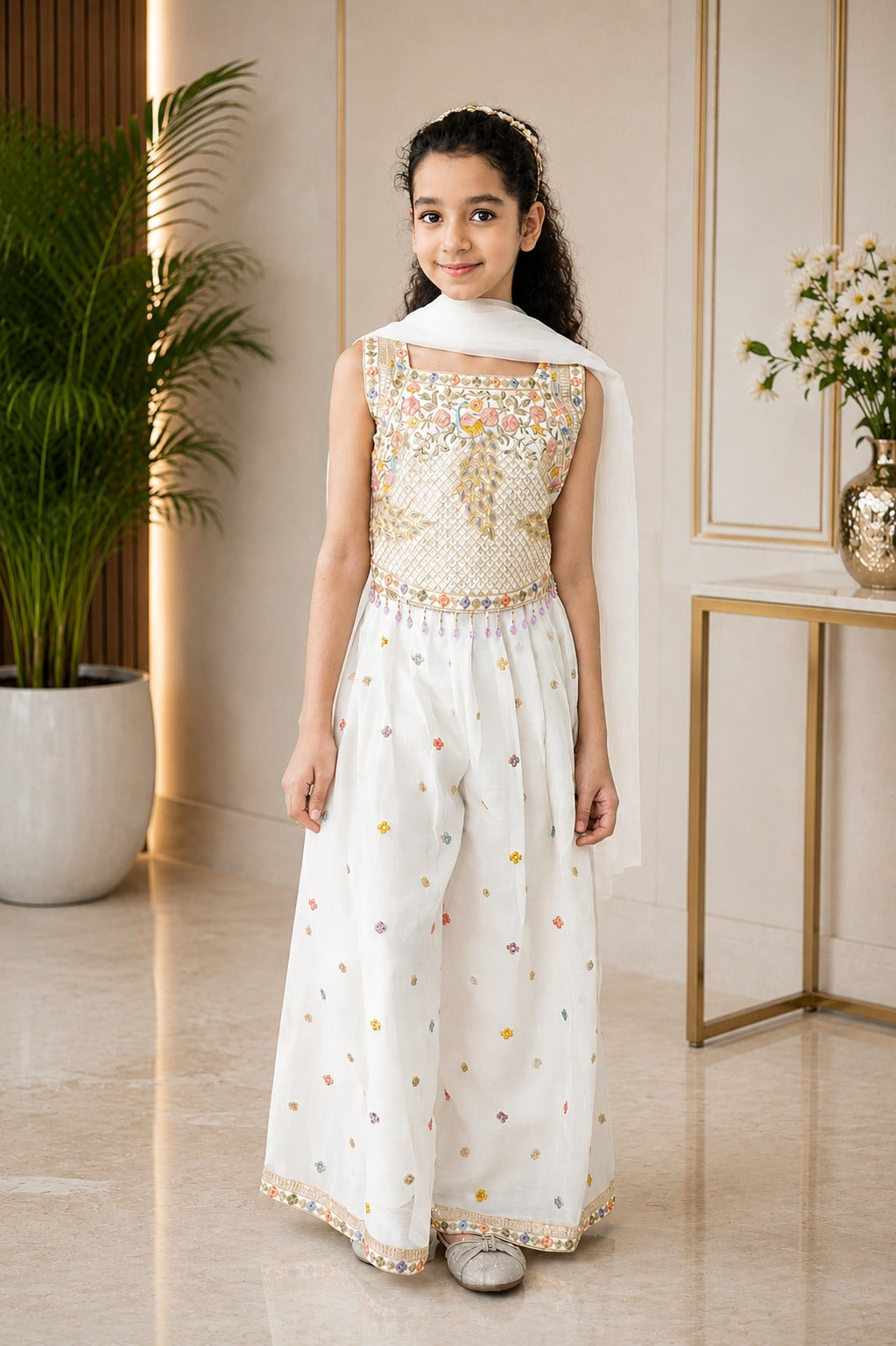 “Girls’ Pastel Embroidered Top & White Pants Set with Dupatta – Elegant Festive Outfit