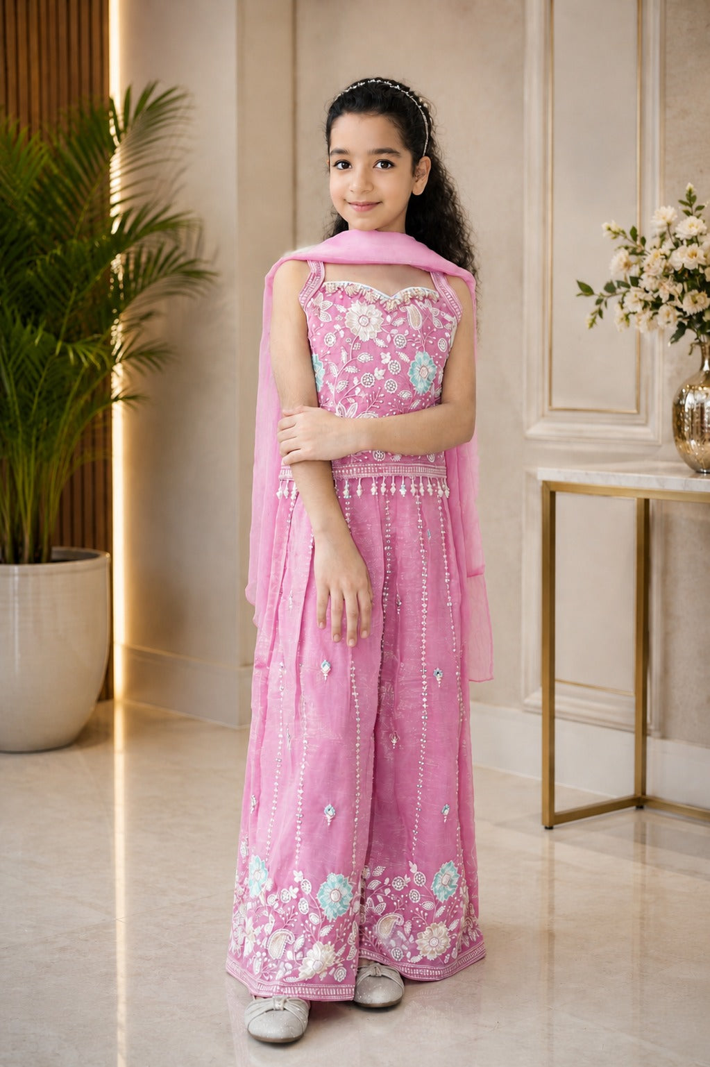 Girls’ Pink Embroidered Tunic & Pants Set with Dupatta – Festive Ethnic Outfit