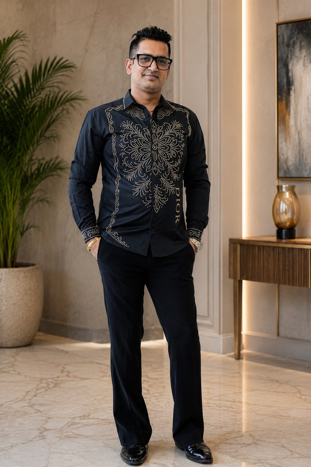 Men’s Black DIOR Embellished Shirt with Gold Detailing – Premium Fashion Outfit