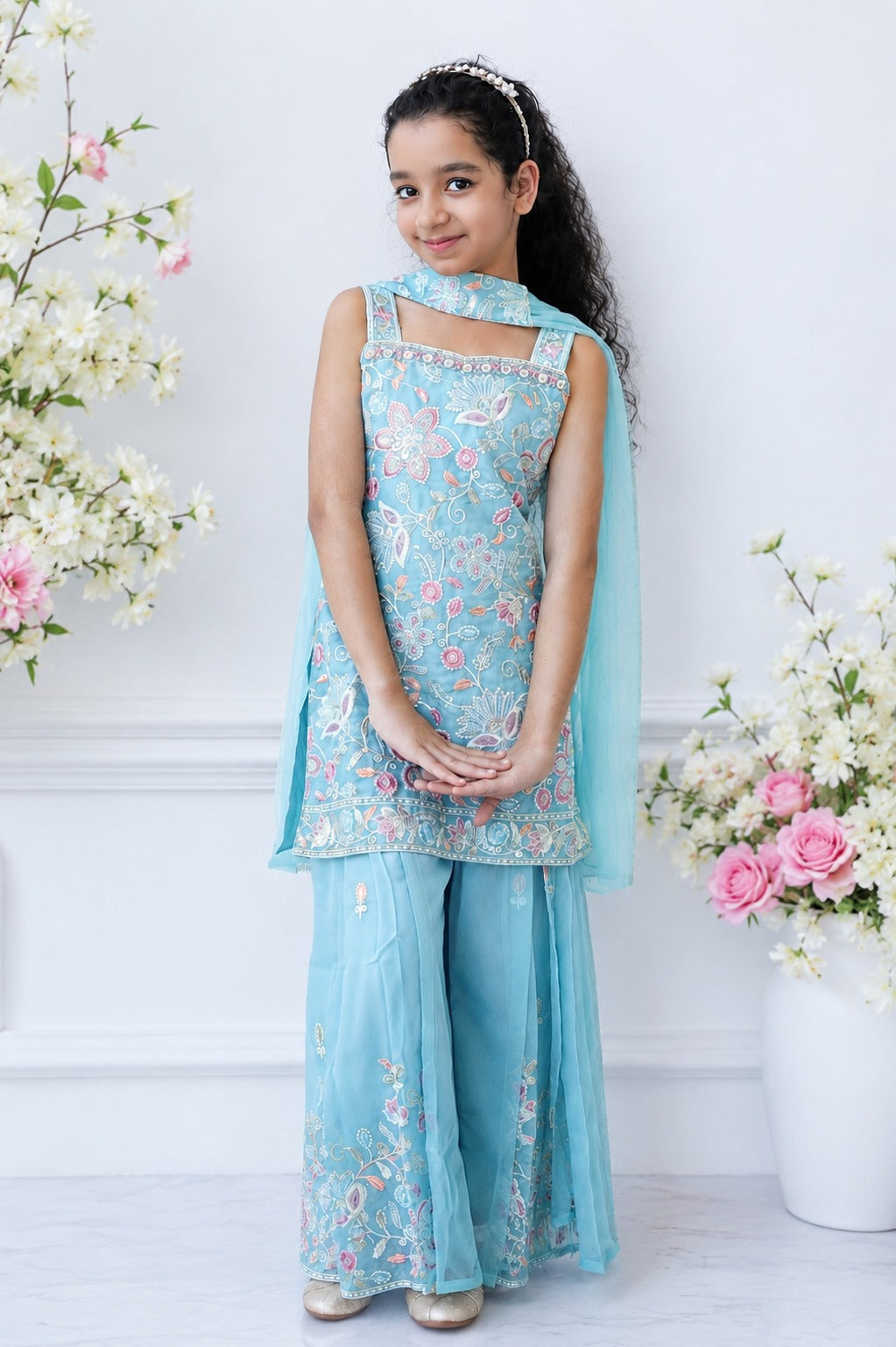 Girls’ Light Blue Embroidered Tunic & Pants Set – Elegant Festive Outfit