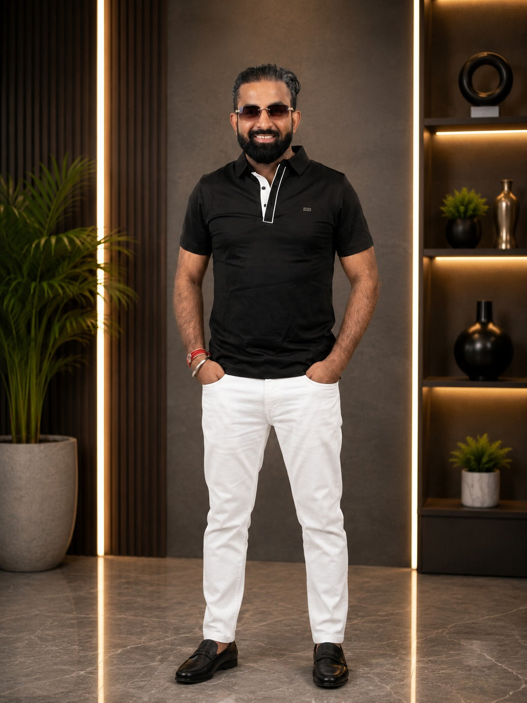 Men’s Black T‑Shirt with White Pants – Stylish Casual Outfit