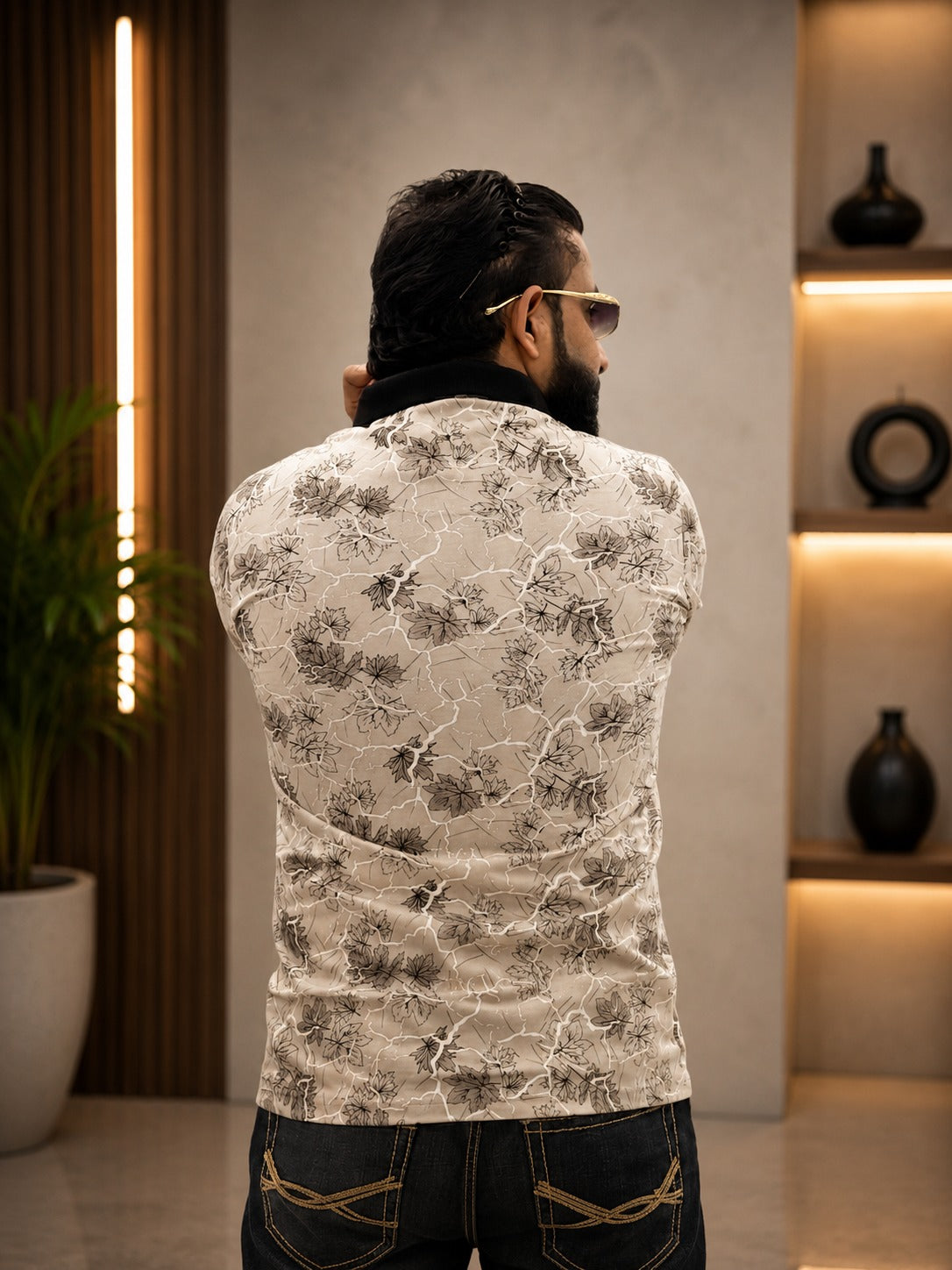 **Men’s Printed Casual T-Shirt with Blue Pants – Stylish Modern Smart Casual Outfit**