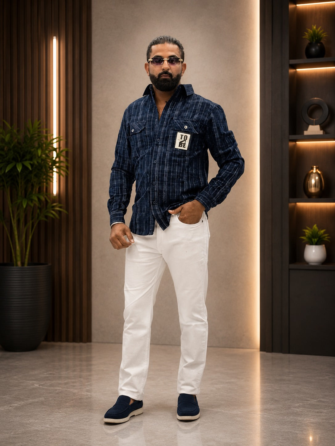 Navy Check Shirt with Crisp White Pants