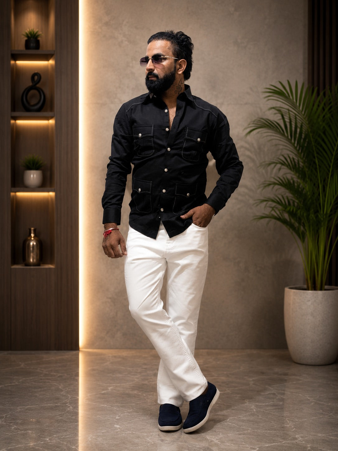 Men’s Casual Black Shirt with White Pants Outfit