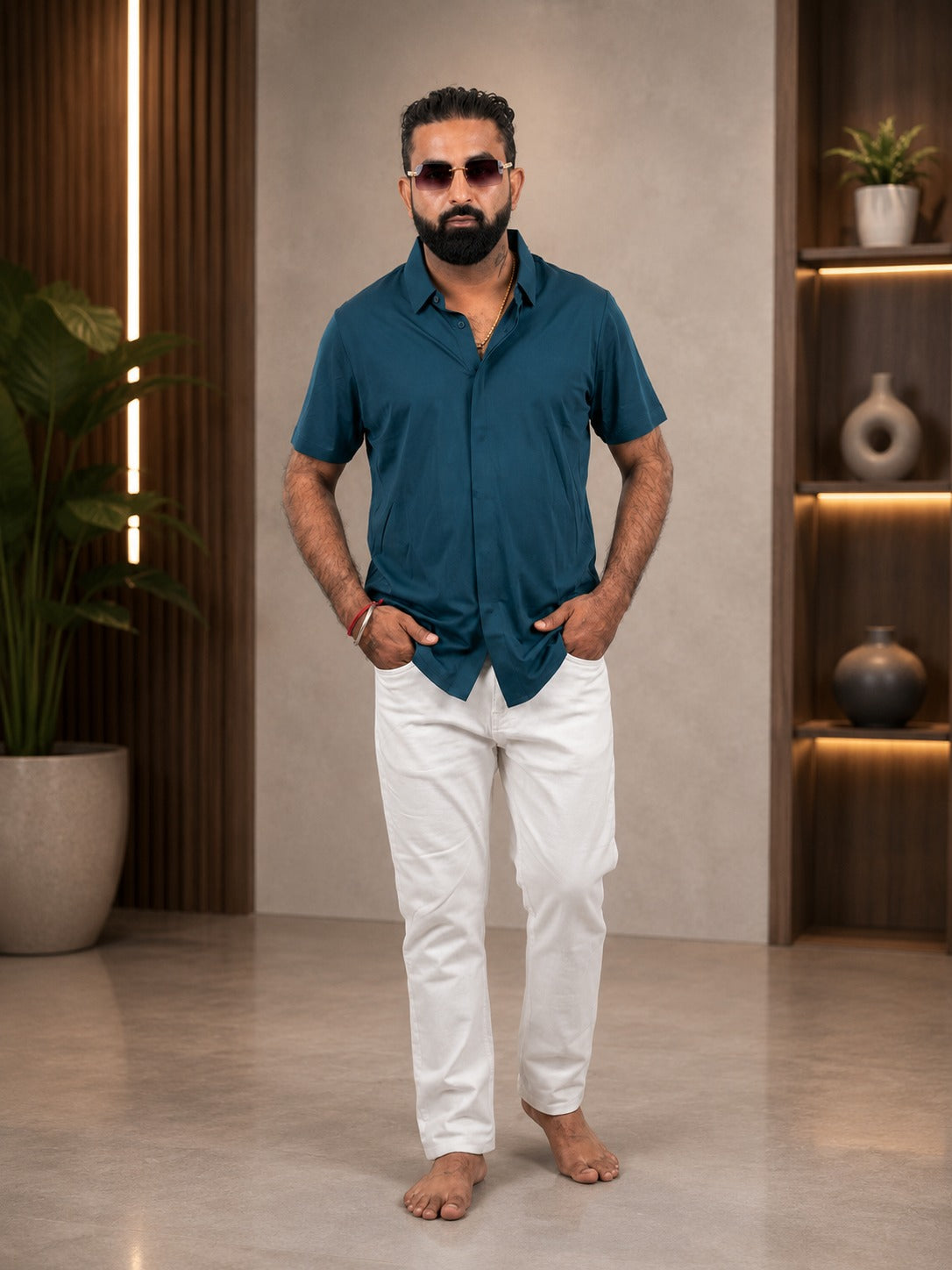 Men’s Stylish Half Sleeve Teal Shirt with White Pants