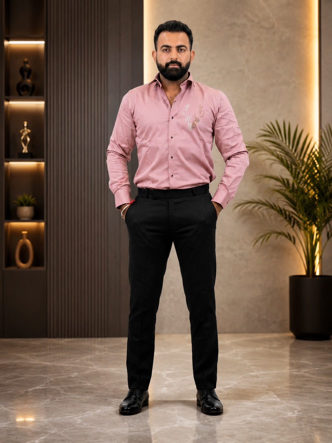 Men's Formal Combo: Pink Shirt & Black Trousers