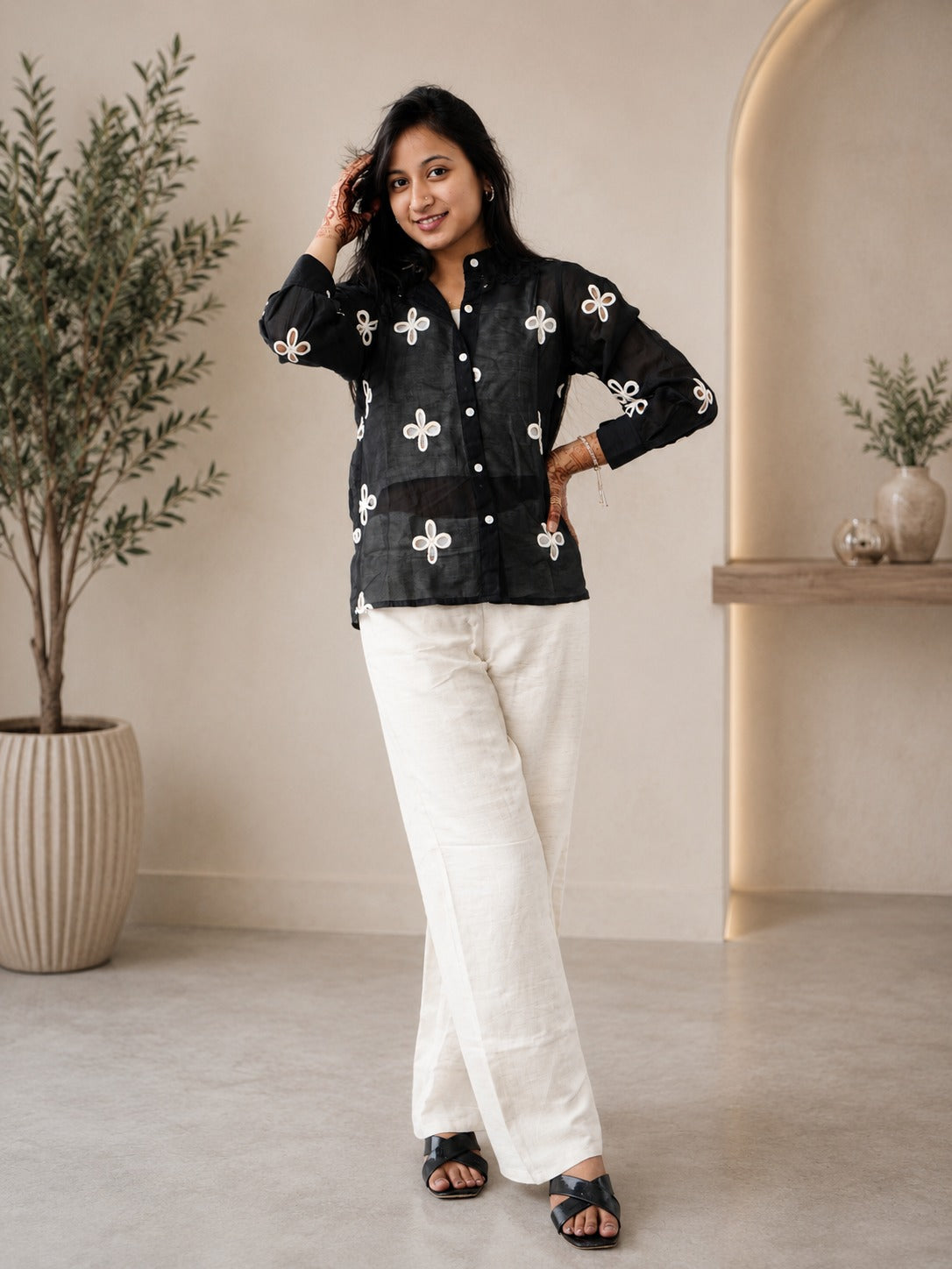 Women's Black Sheer Button-Down Shirt with Floral Eyelet Embroidery