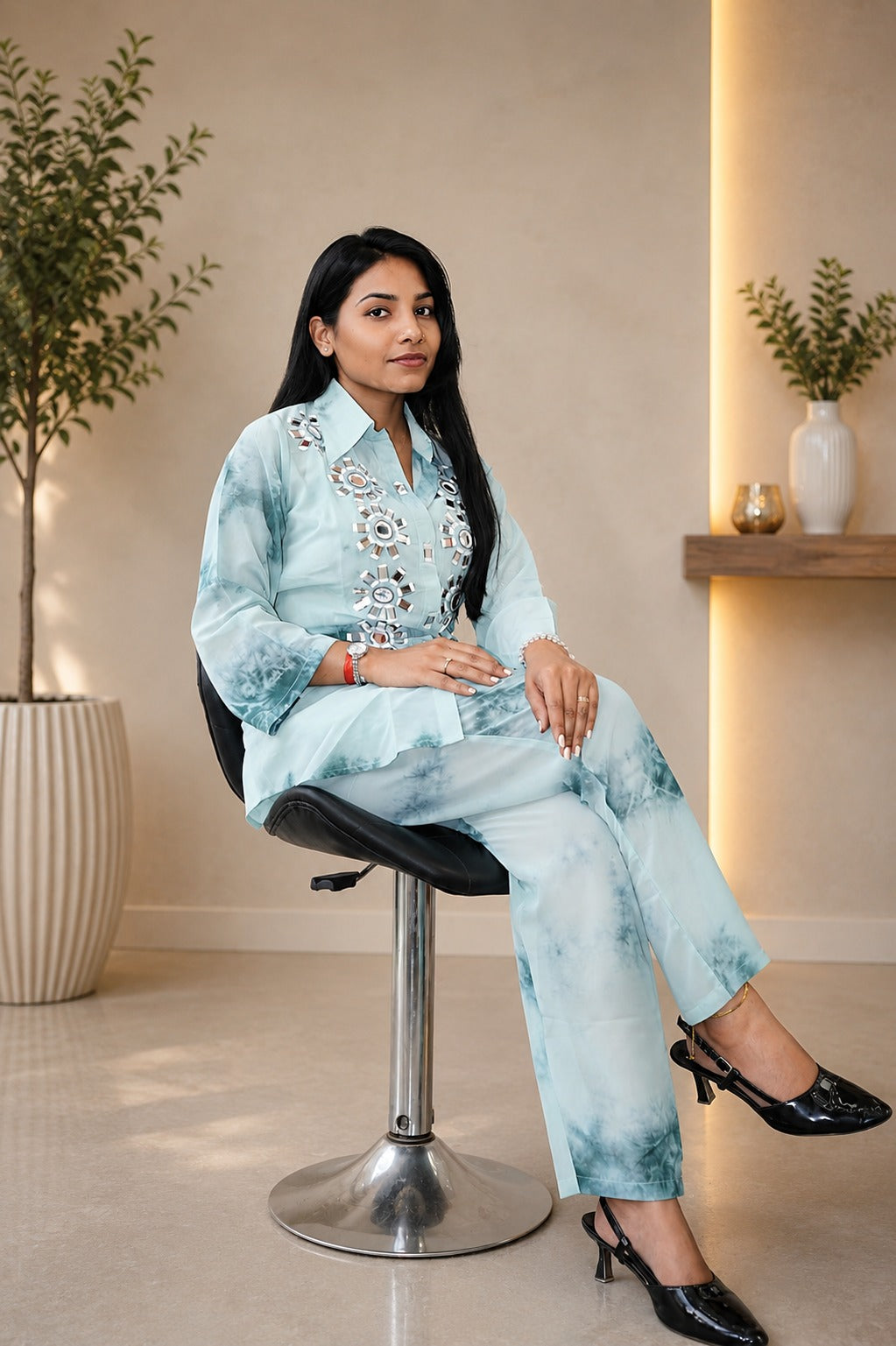 Women’s Sky Blue Printed Co-Ord Set with Mirror Work – Elegant Casual Ethnic Wear