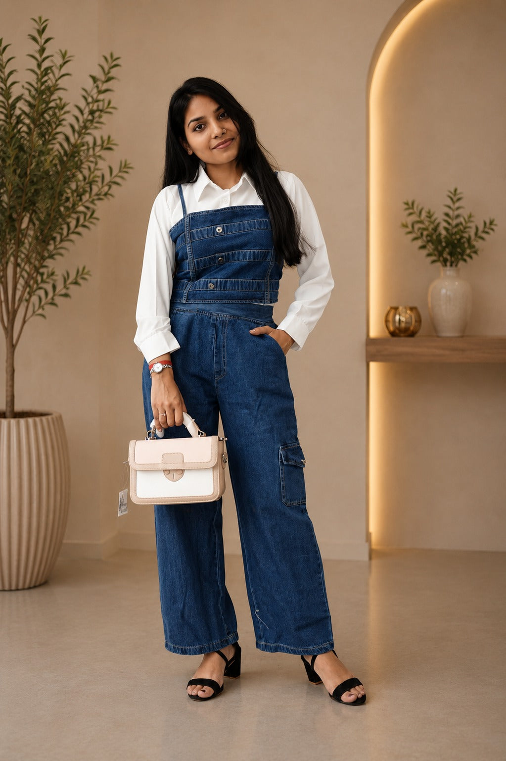 Women’s Denim Co-Ord Jumpsuit with White Shirt – Trendy Casual Western Wear