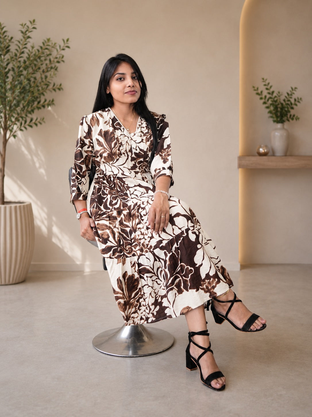 Women’s Brown Floral Printed Maxi Dress – Elegant Casual Summer Wear