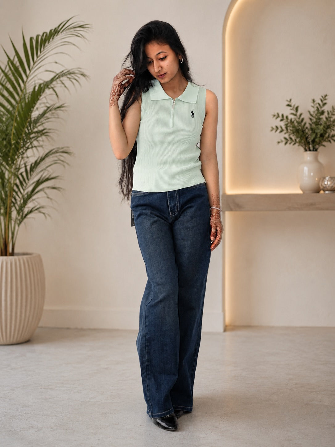 Women's Mint Green Ribbed Sleeveless Polo Top with Quarter-Zip