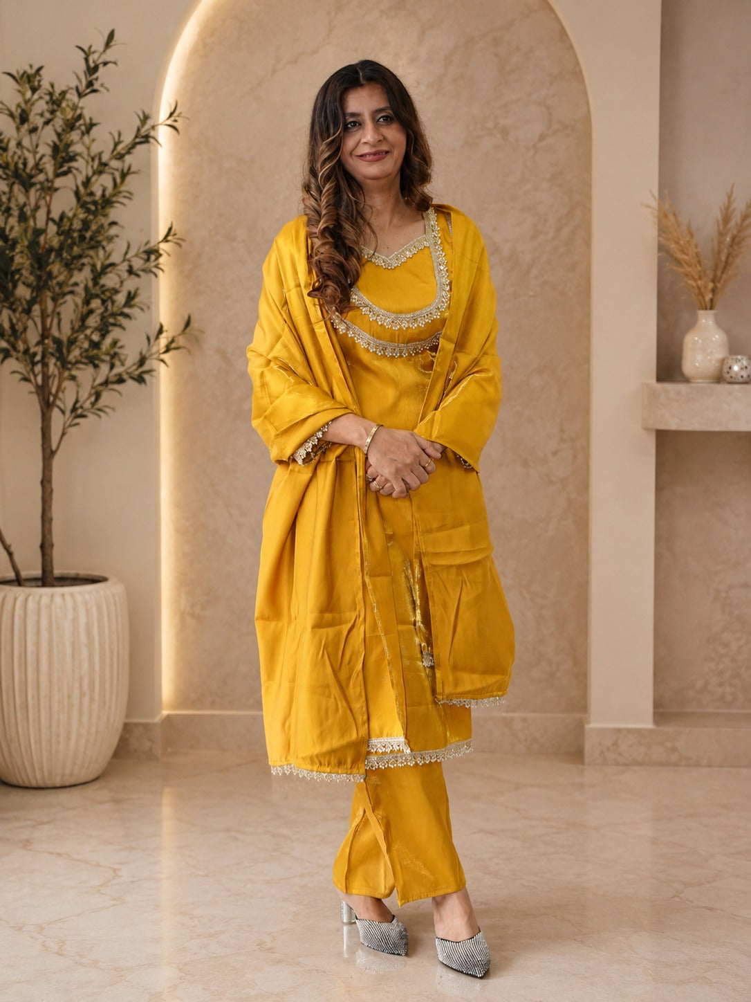Mustard Yellow Silk Kurta Set with Dupatta for Women