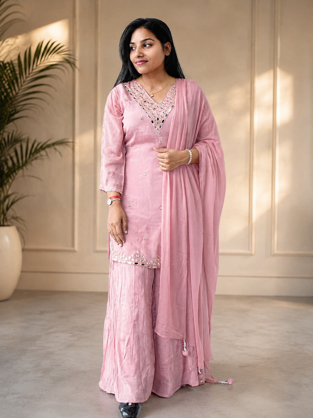 Women's Pastel Pink Mirror Work Sharara Set with Chiffon Dupatta