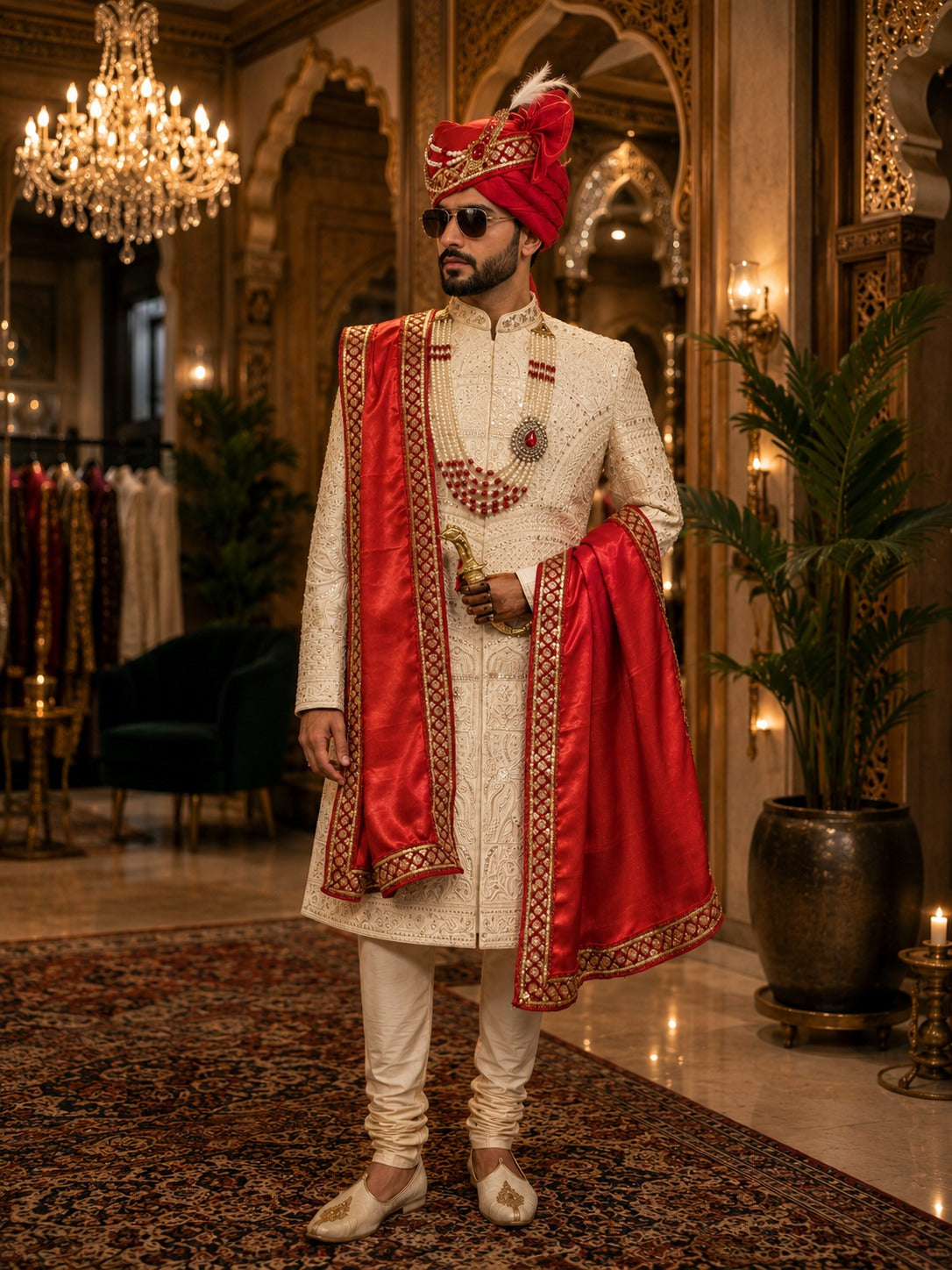 Ivory Sherwani with Red Dupatta & Turban
