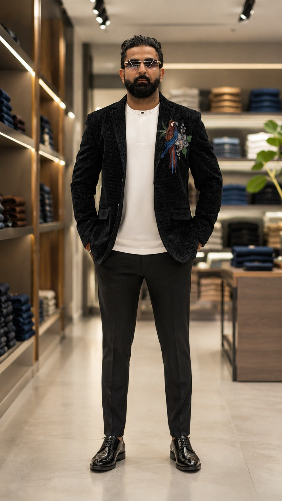 Man in a suit standing in a store with shelves in the background