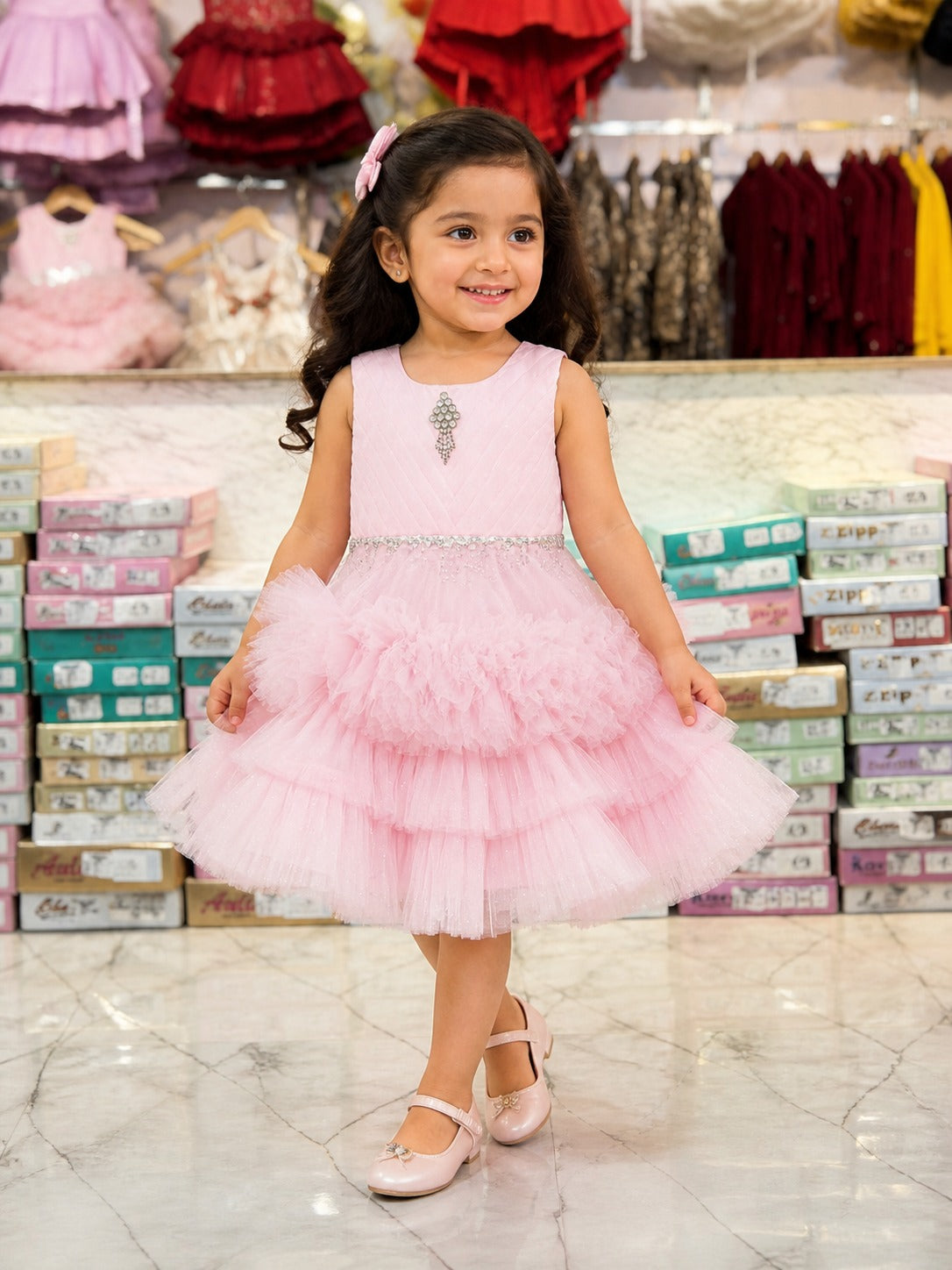 Girls Pink Layered Tulle Party Dress with Bow & Belt