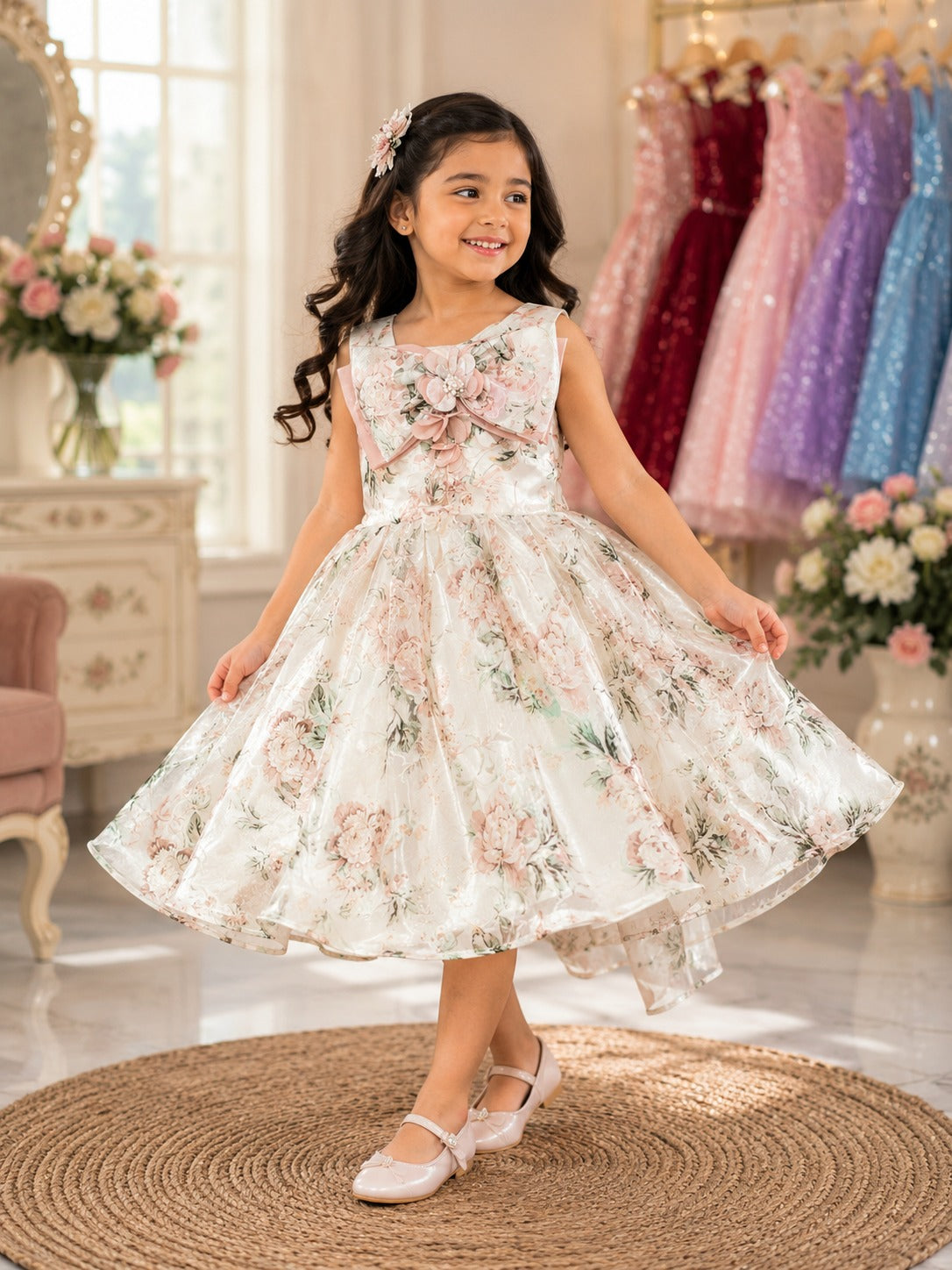 Girls Pastel Floral Party Dress with Bow & Embellishments