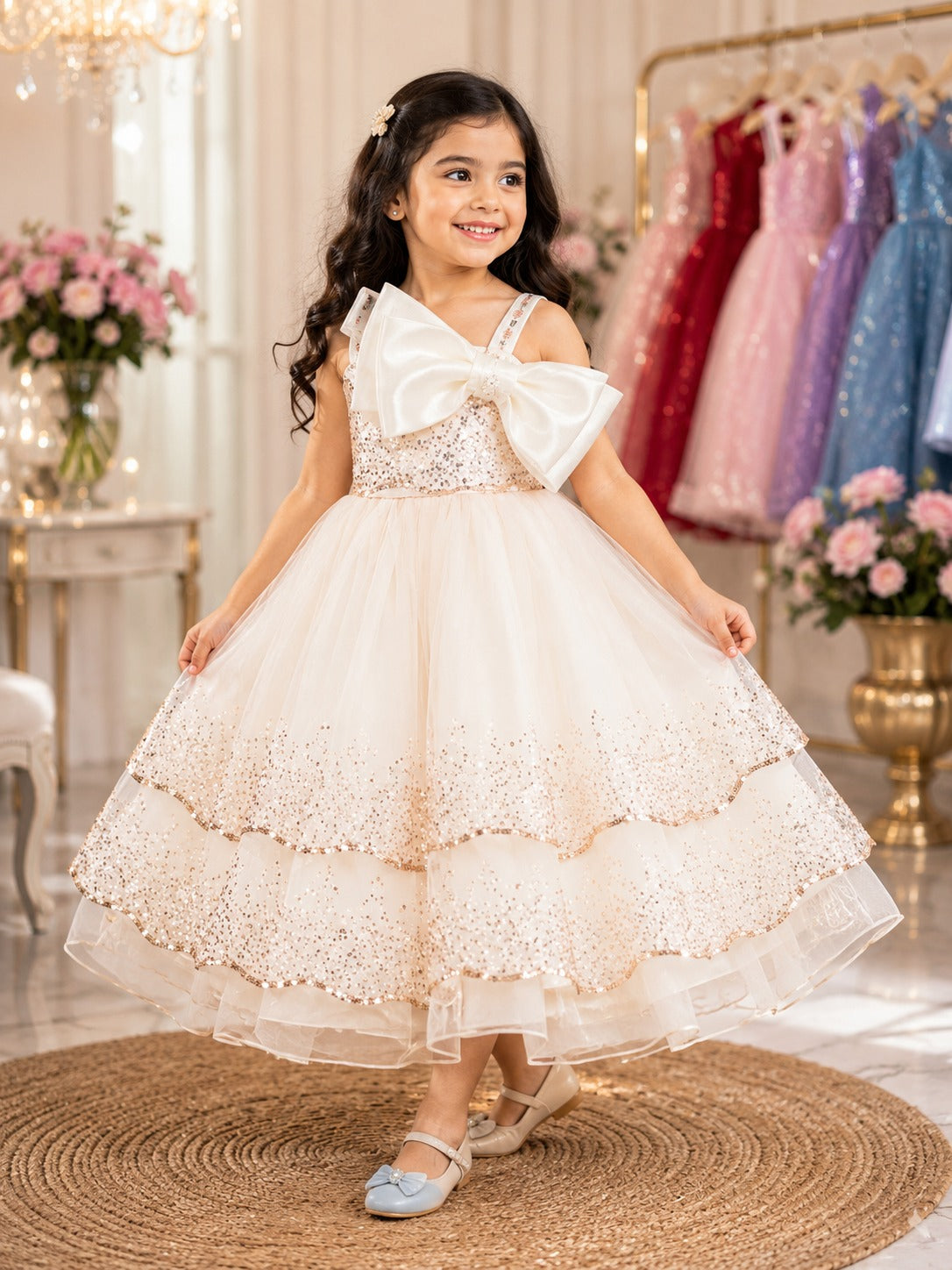 Girls Cream Sequin Tulle Party Dress with Satin Bow