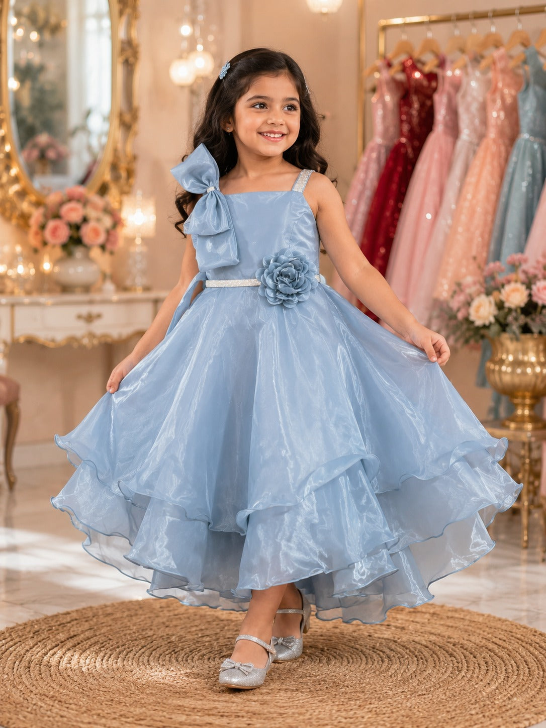 Girls Light Blue Formal Party Dress with Bow & Floral Detail