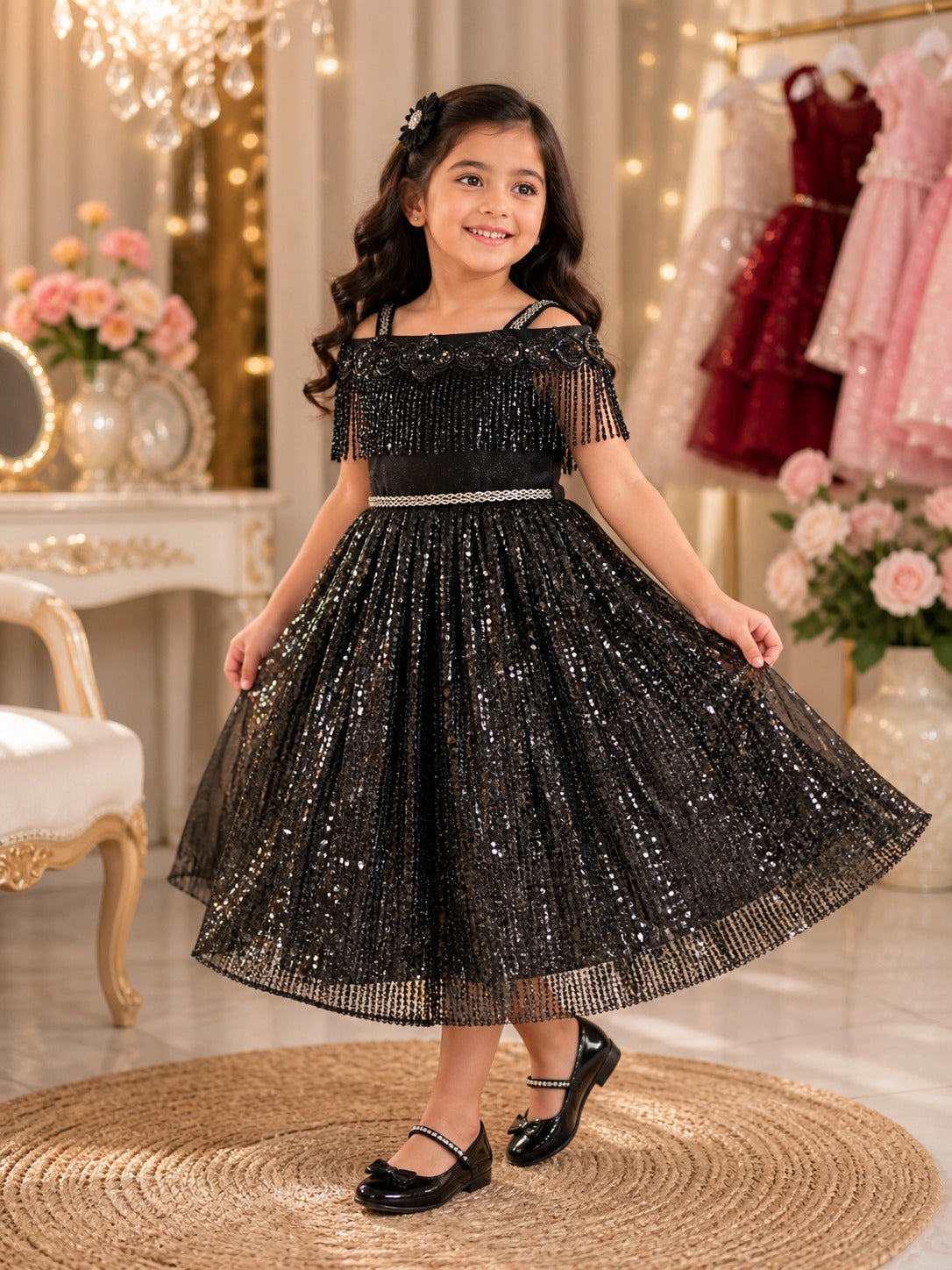 Girls Black Sequin Fringe Party Dress with Off‑Shoulder Design