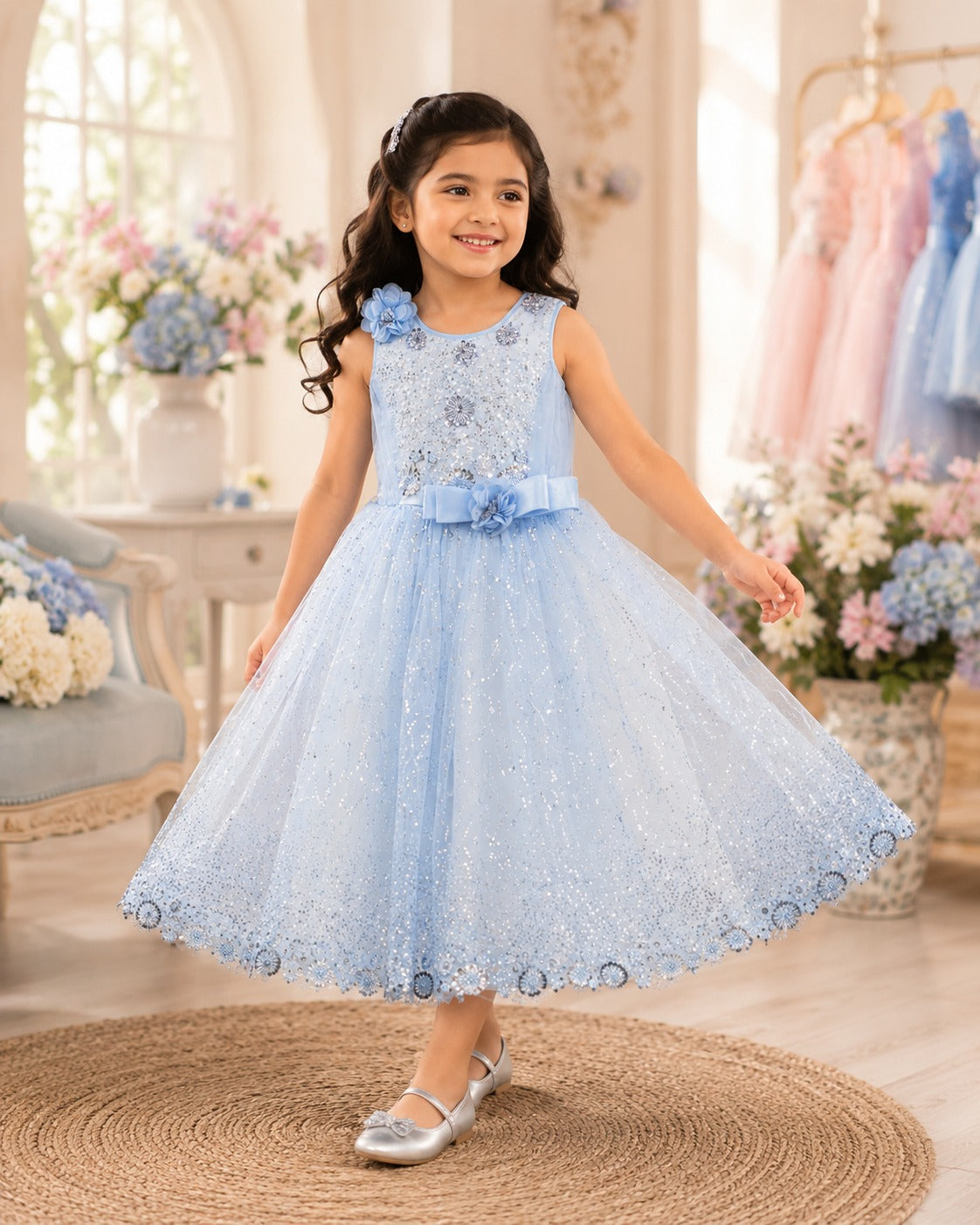 Girls Light Blue Sparkly Party Dress with Floral Bow Detail