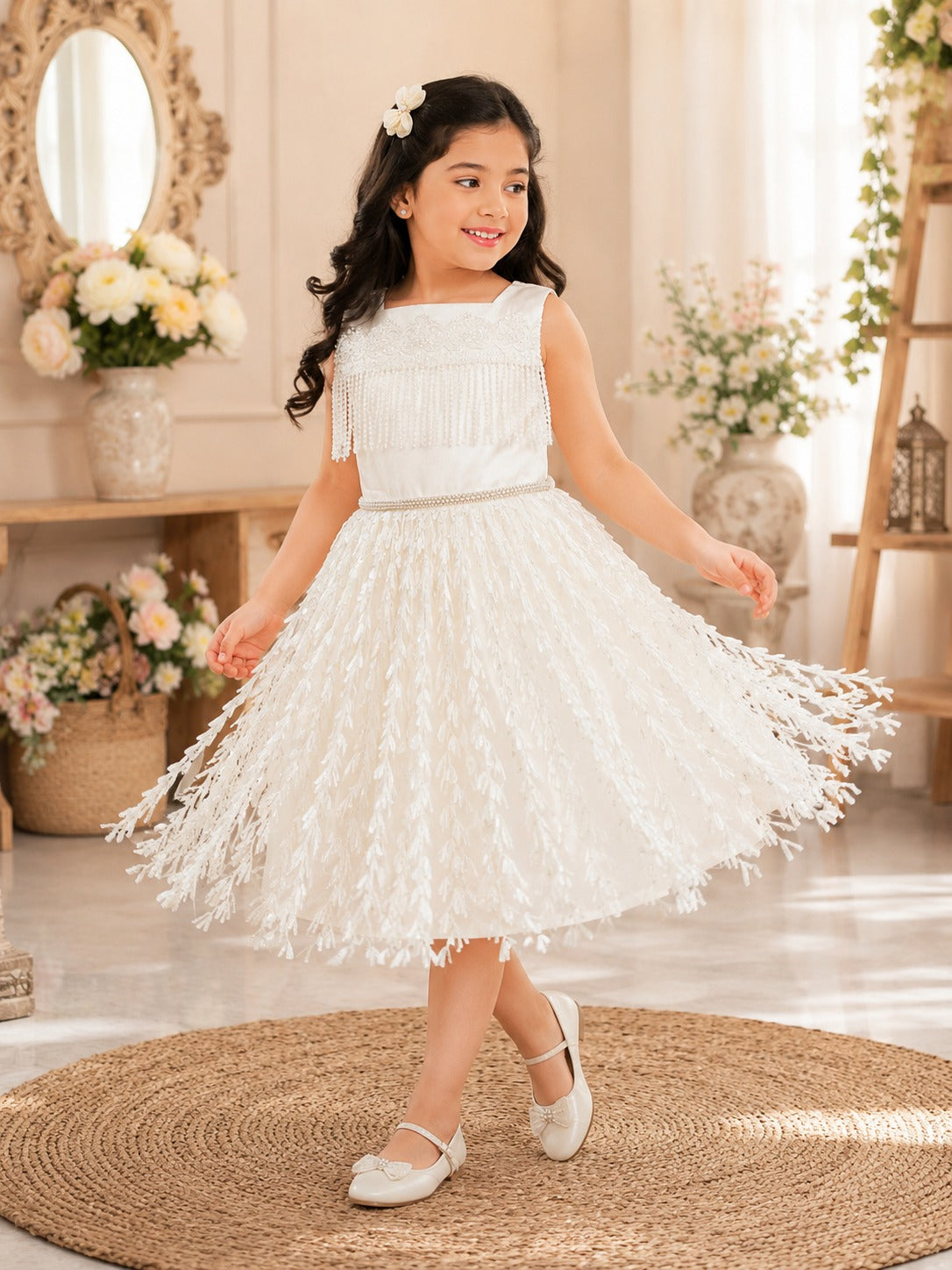 Girls White Lace Party Dress with Fringe & Floral Detail