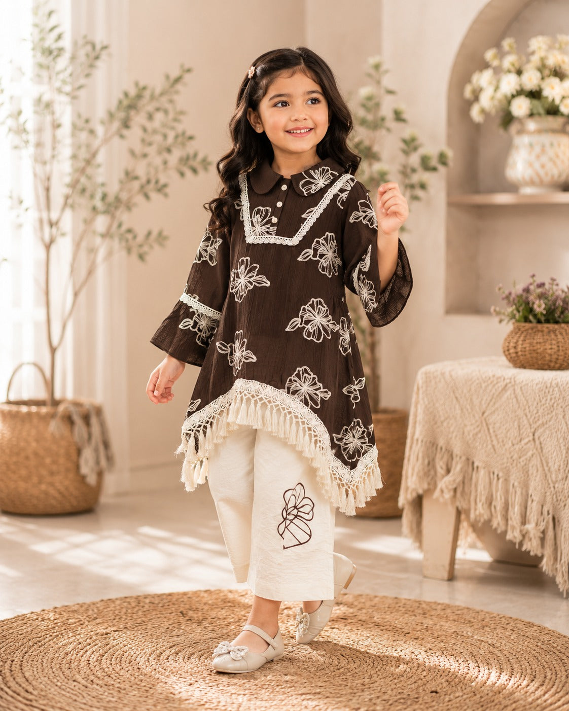 Girls Brown Floral Tunic Set with Embroidered White Pants