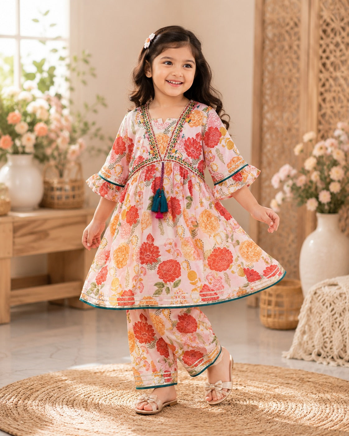 Girls Floral Tunic & Pant Set with Embroidery & Tassels
