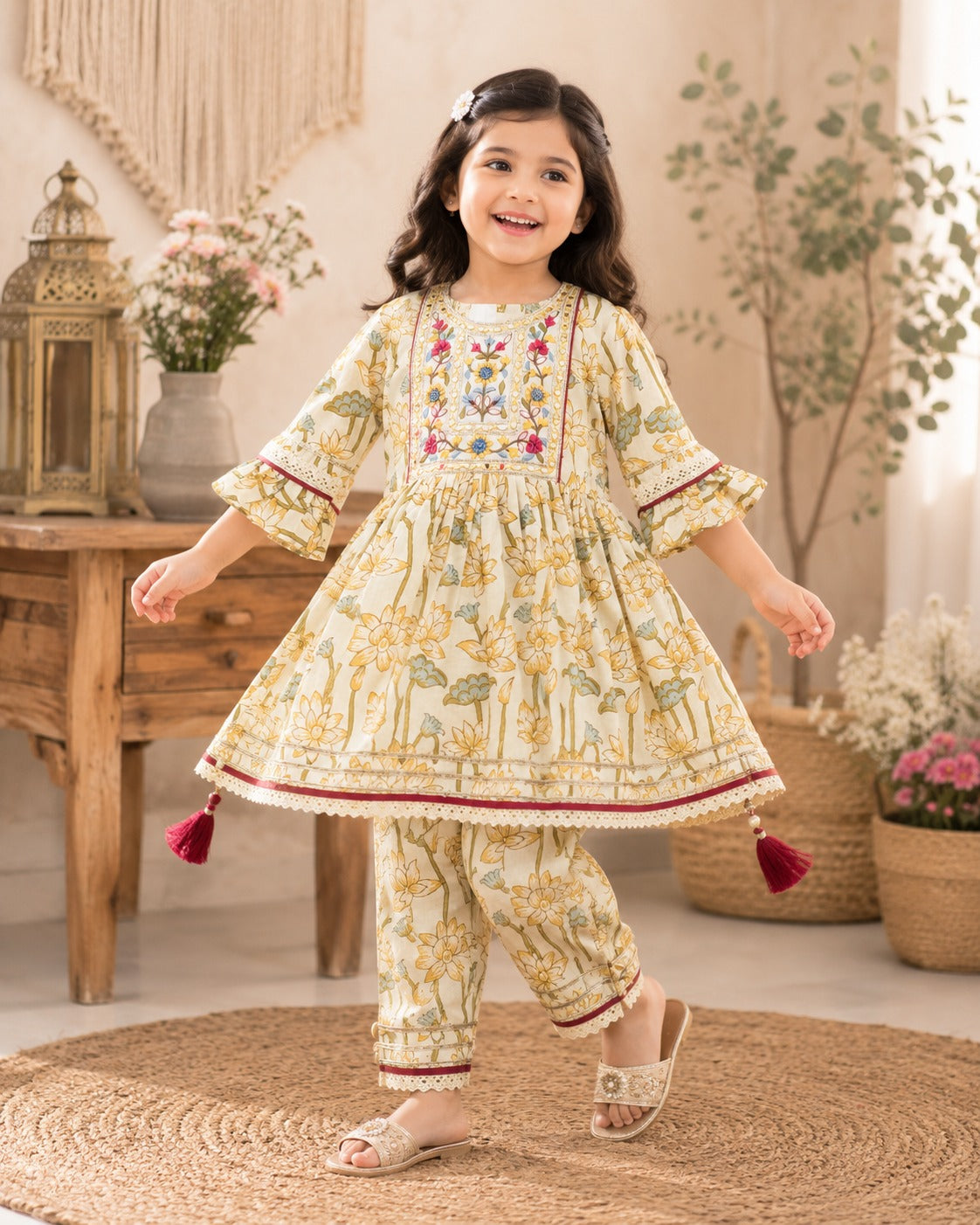 Girls Cream Floral Tunic & Pant Set with Embroidery & Tassels