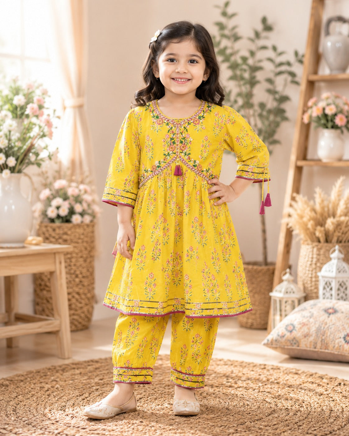 "Girls Bright Yellow Floral Tunic & Pant Set with Tassel Accents