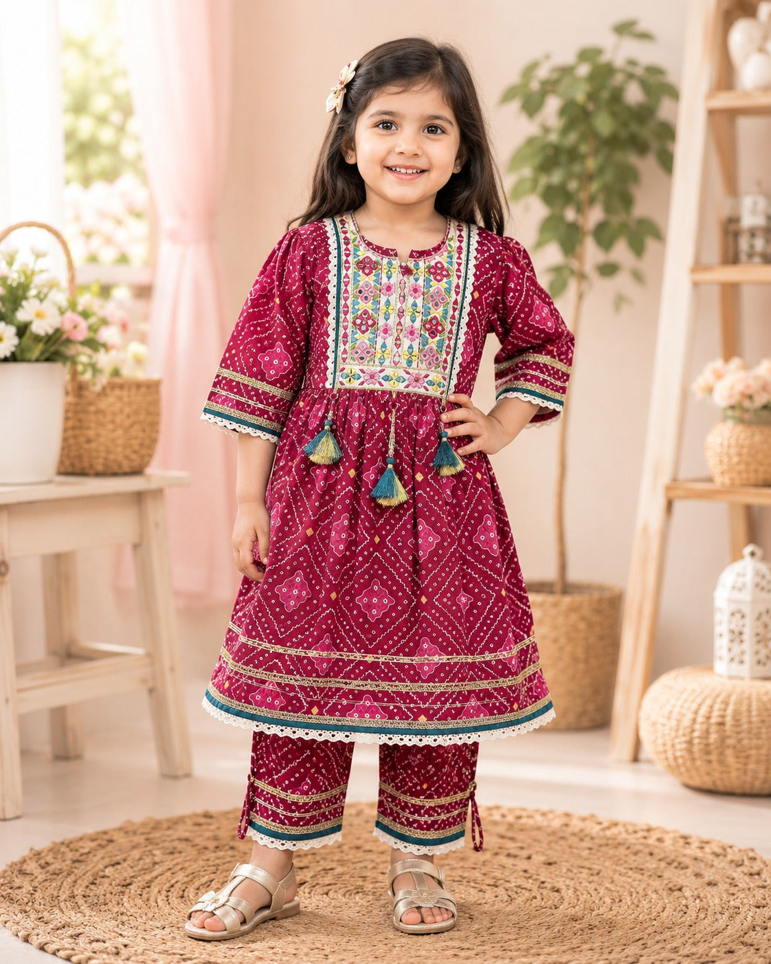 Girls Maroon Printed Kurta & Trouser Set with Embroidery & Tassels