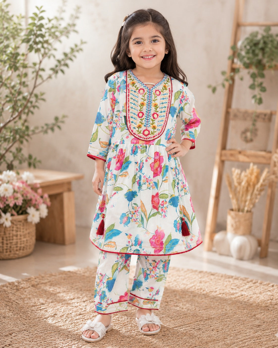 Girls White Floral Tunic & Pant Set with Embroidery