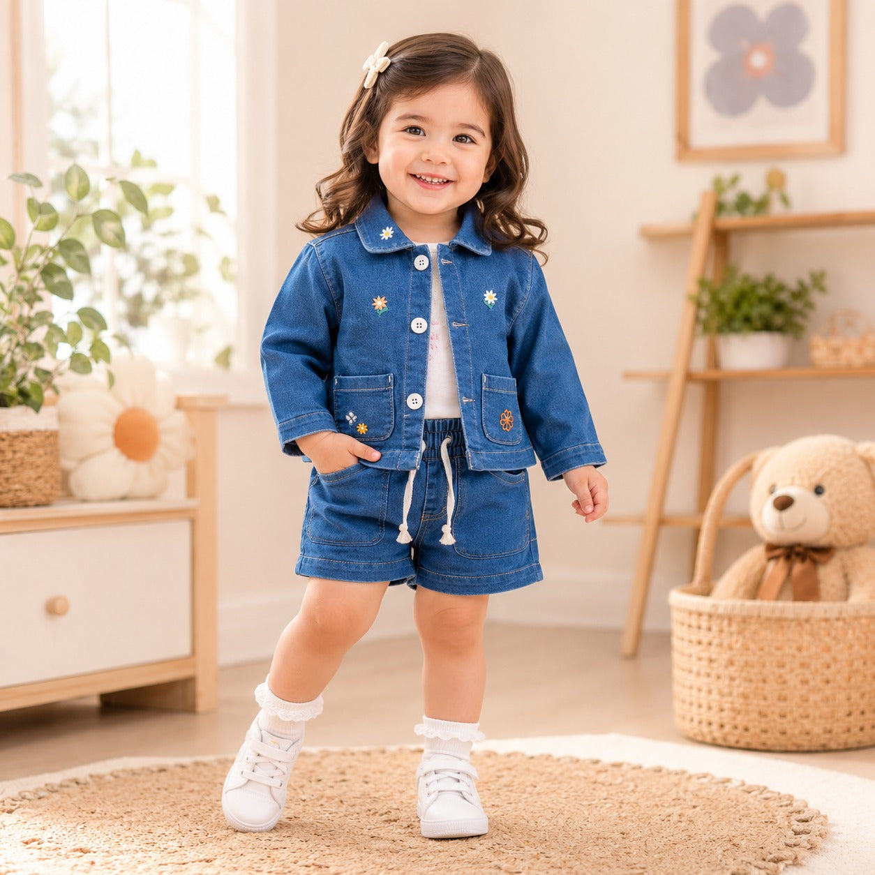 Girls Denim Jacket & Shorts Set with Embroidered Flowers