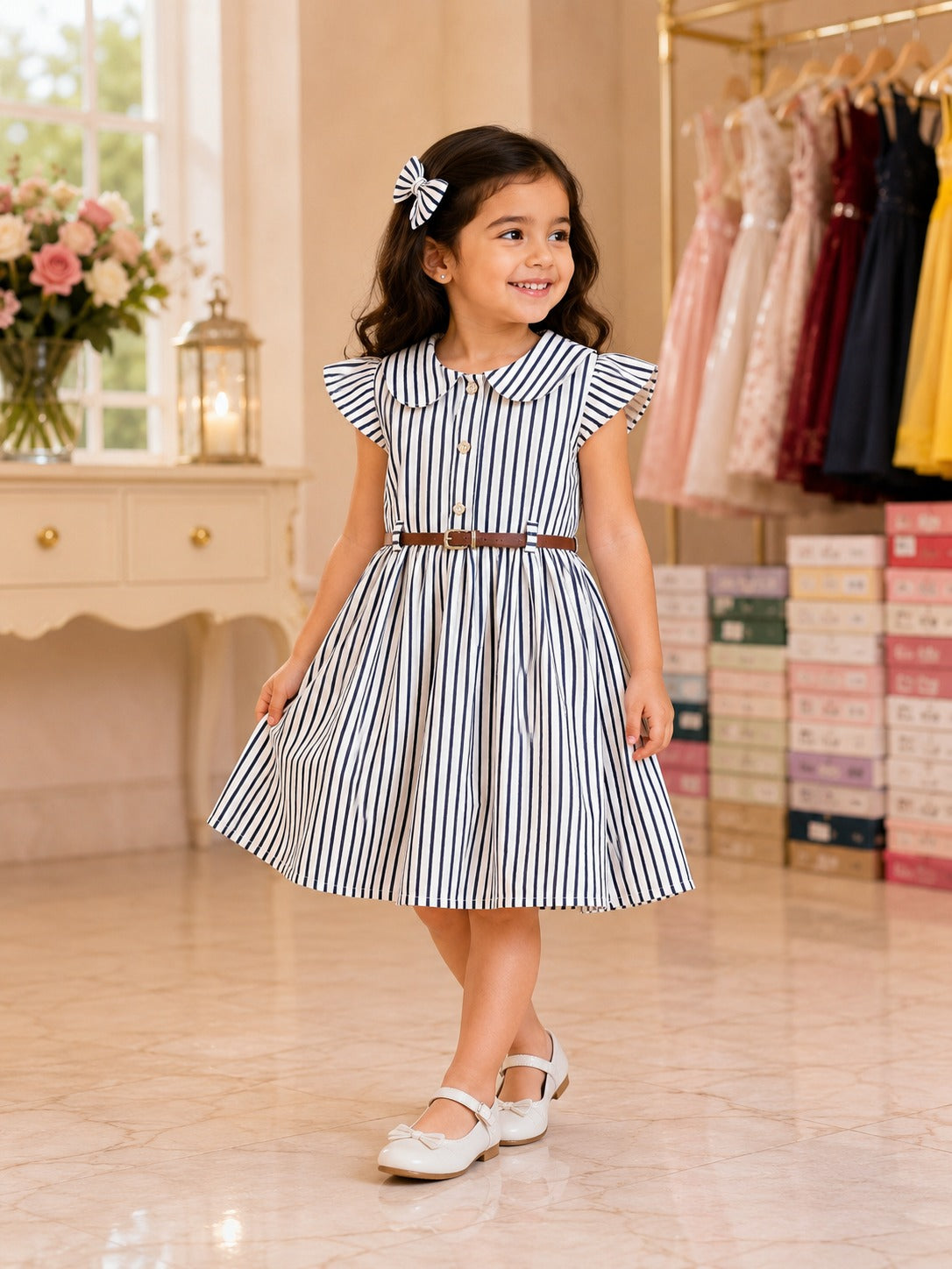 Girls White & Navy Striped Dress with Belt & Hair Bow