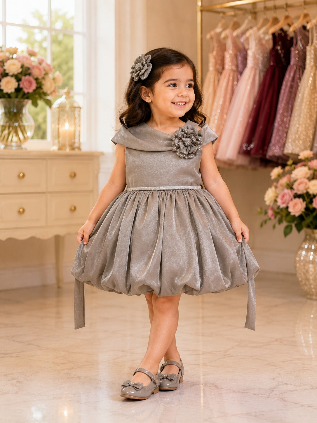 Girls Silver Gray Party Dress with Floral Shoulder Detail