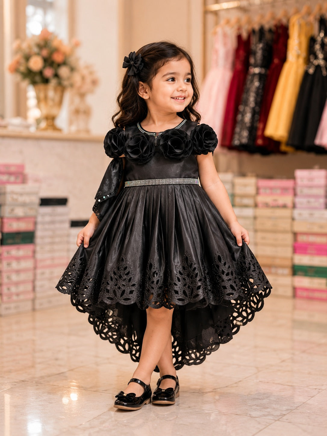 Girls Black High-Low Party Dress with Lace & Rhinestone Belt