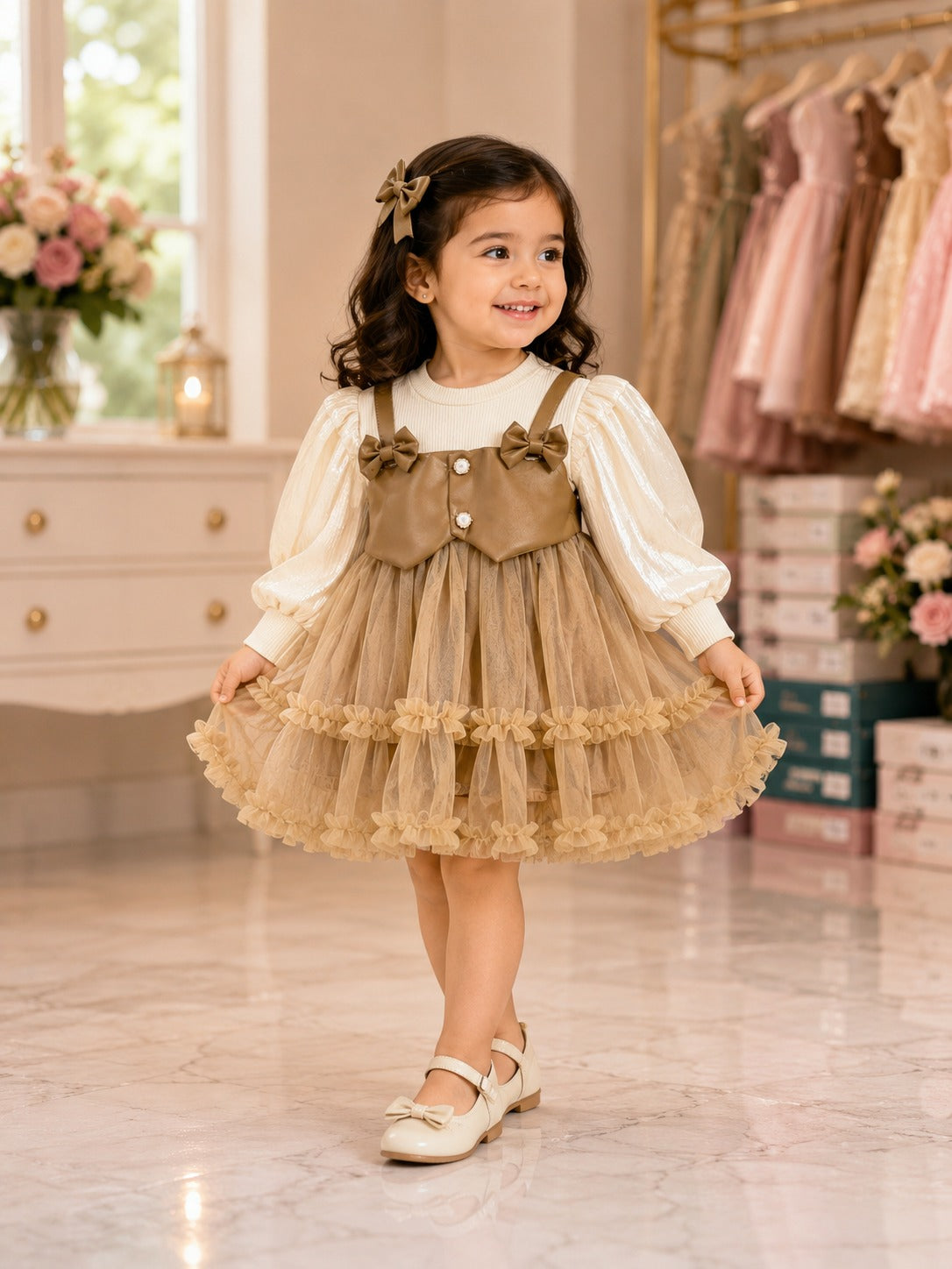 Girls Beige & Gold Layered Tulle Dress with Bows