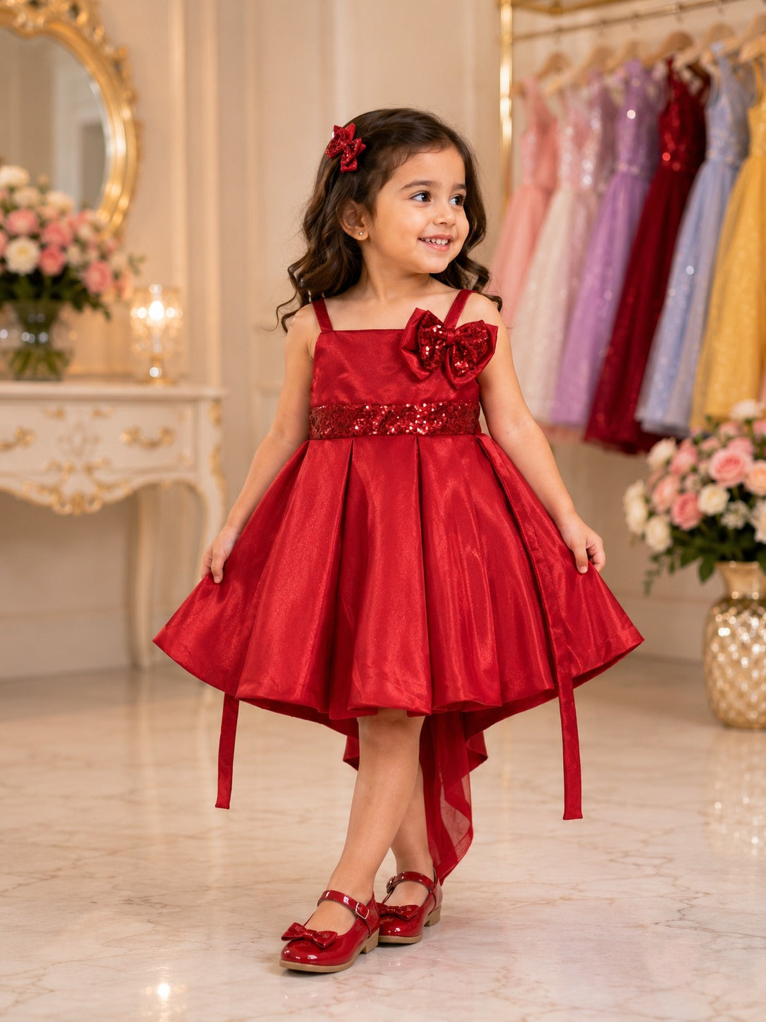 Girls Red Sparkly High-Low Party Dress with Bow & Sequin Waist