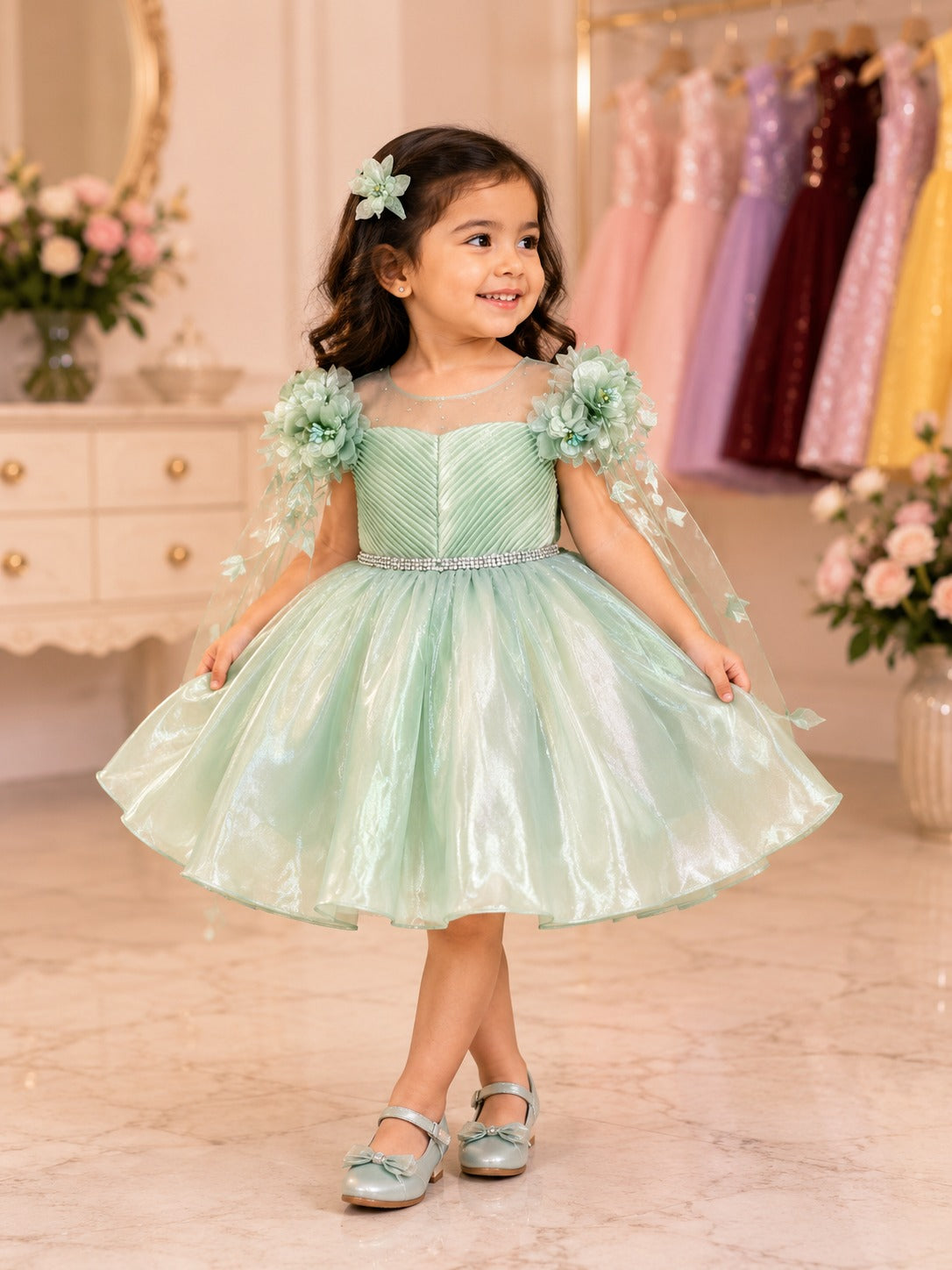 Girls Mint Green Shimmery Party Dress with Floral & Cape Sleeves
