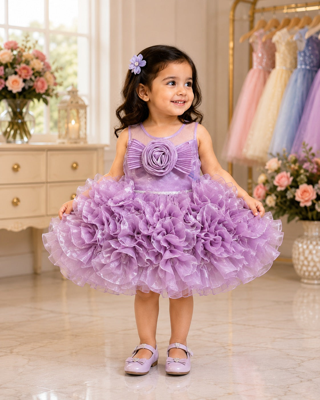 Girls Lavender Sparkly Party Dress with Floral Embellishments
