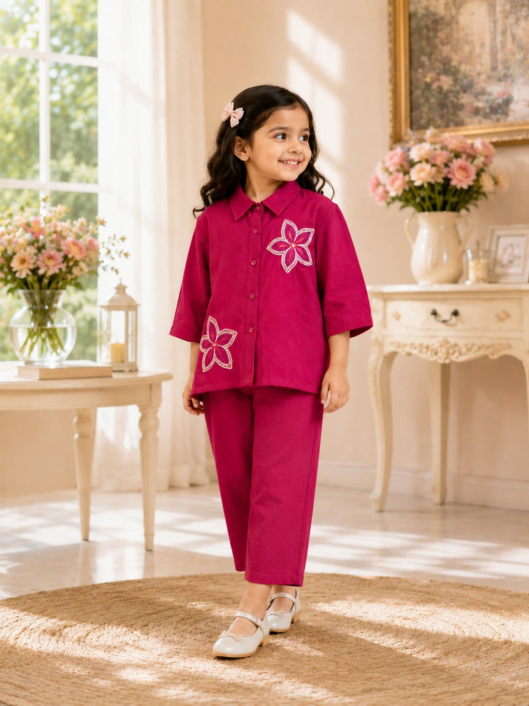 Girls Magenta Embroidered Long-Sleeve Top & Pants Set