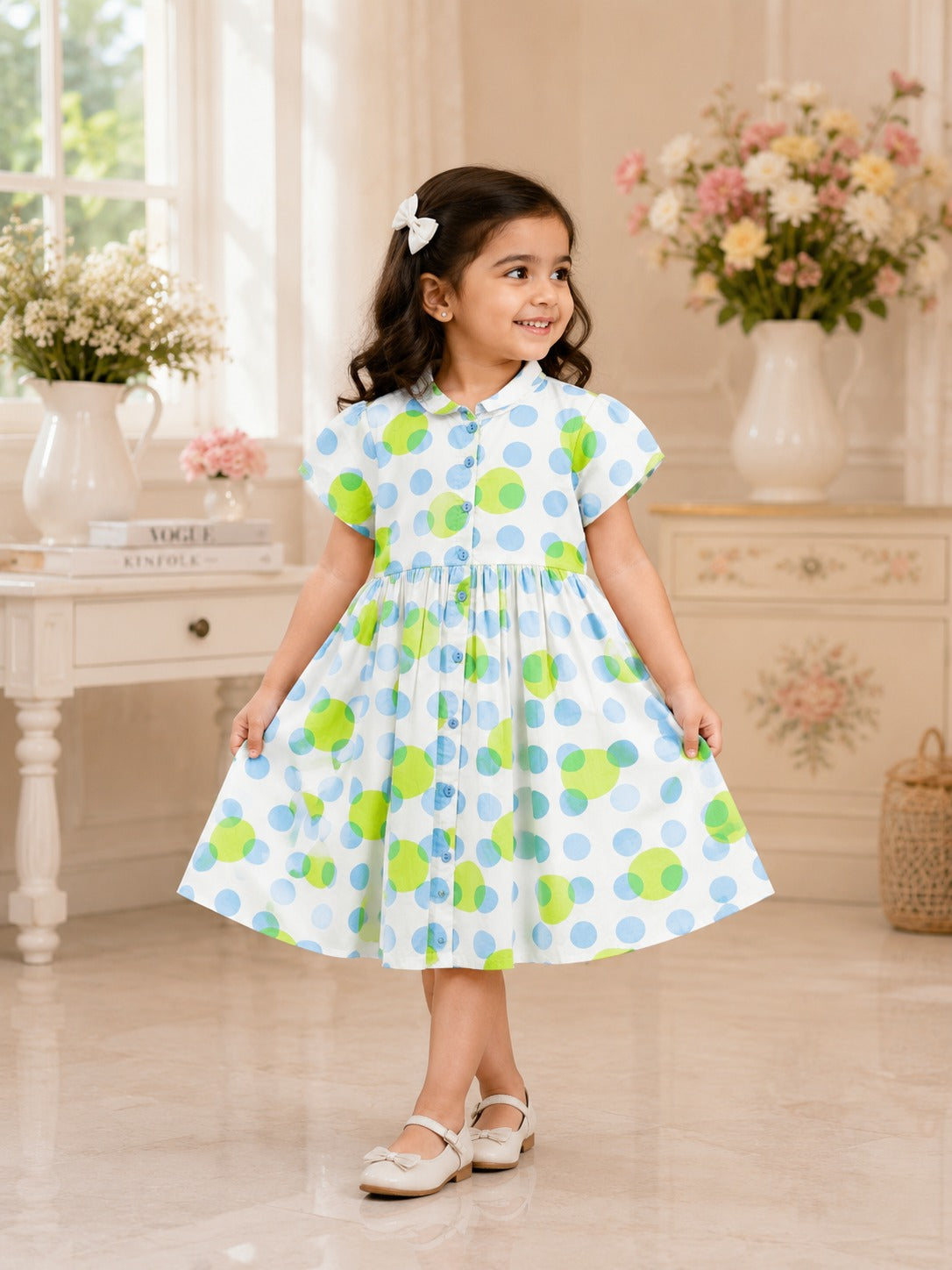 Girls White Polka Dot Dress with Buttons & Bow