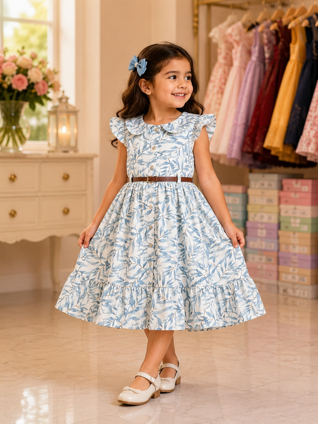 Girls Blue Floral Dress with Ruffle Sleeves & Belt